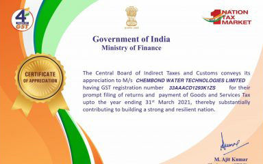 Government of India – Ministry of Finance appreciates Chembond Water Technologies Ltd. for their prompt filing of returns and payments of GST
