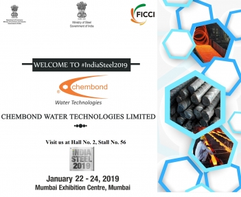 Chembond to participate its water solutions in the 4th edition of India Steel 2019, scheduled for 22-24 Jan 2019 at Bombay Exhibition Centre, Mumbai.